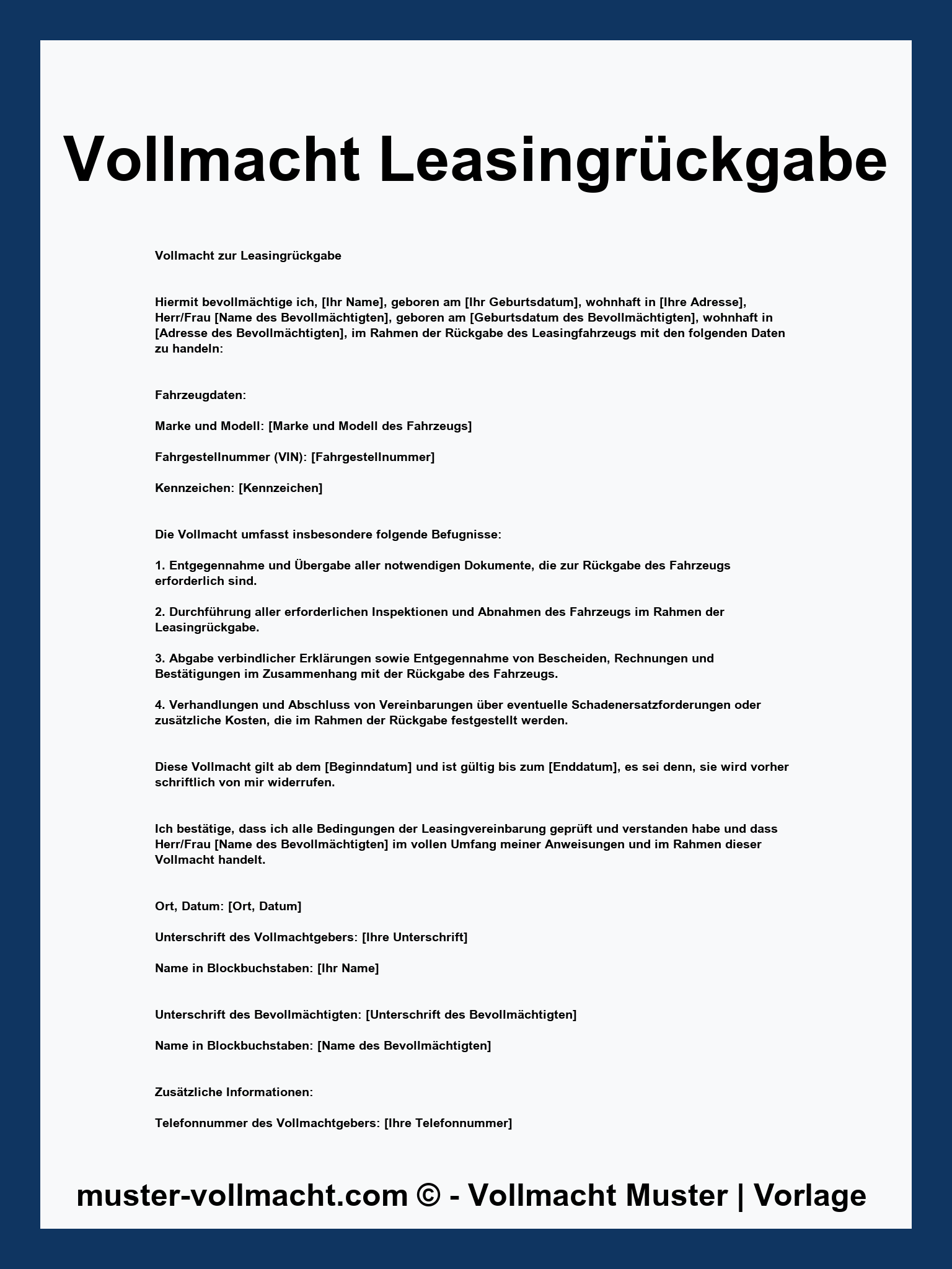 Vollmacht Leasingrückgabe - PDF - Word