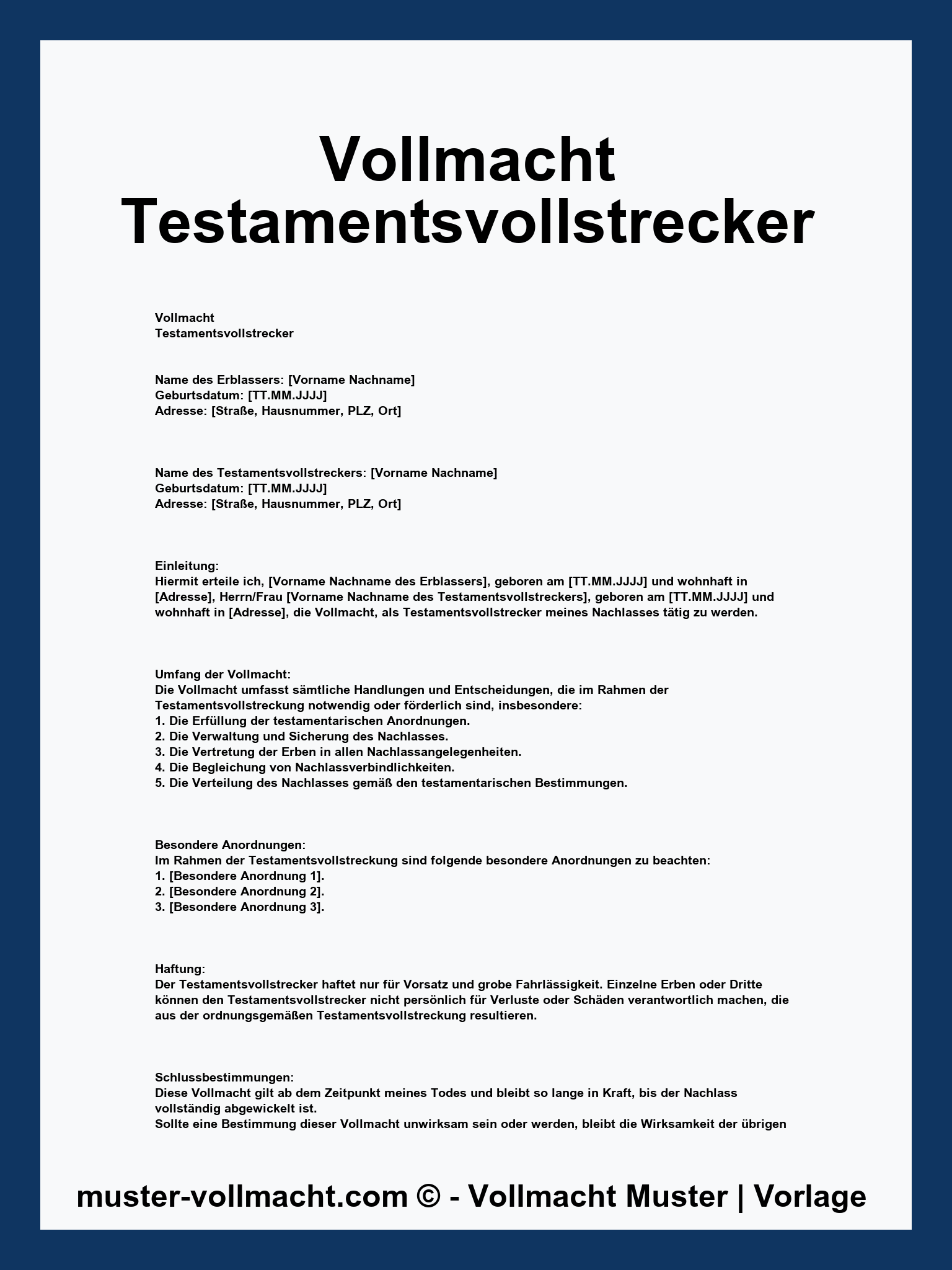 Vollmacht Testamentsvollstrecker Muster - Word - PDF