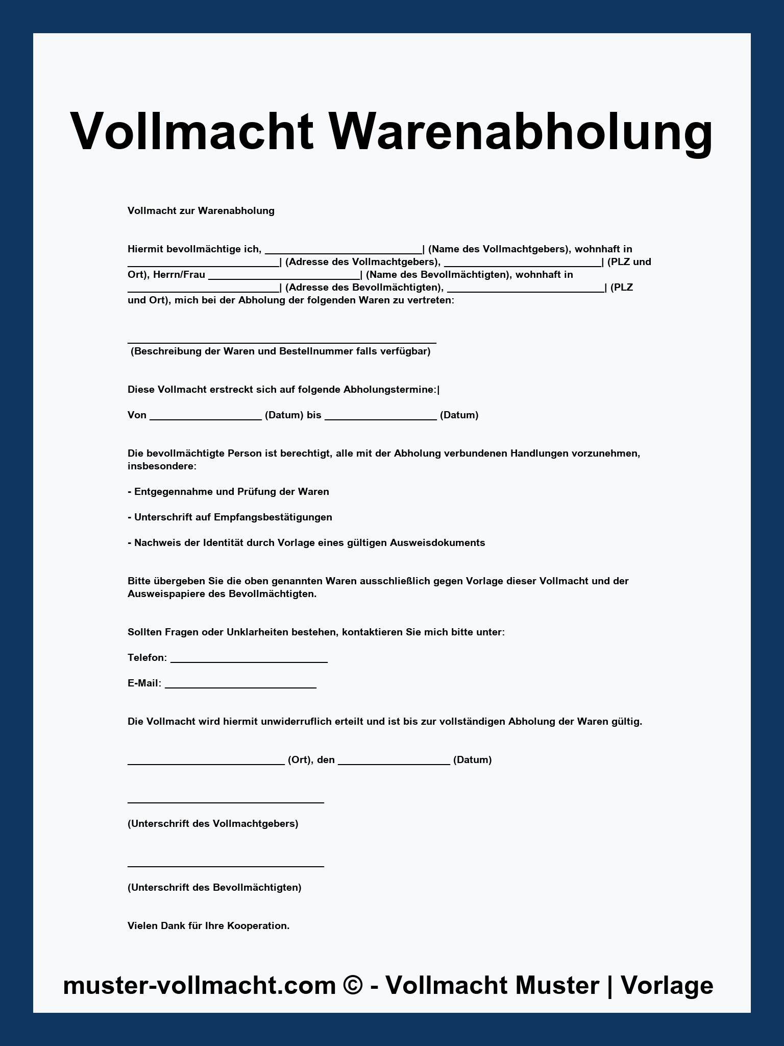 Vollmacht Warenabholung - Word - PDF