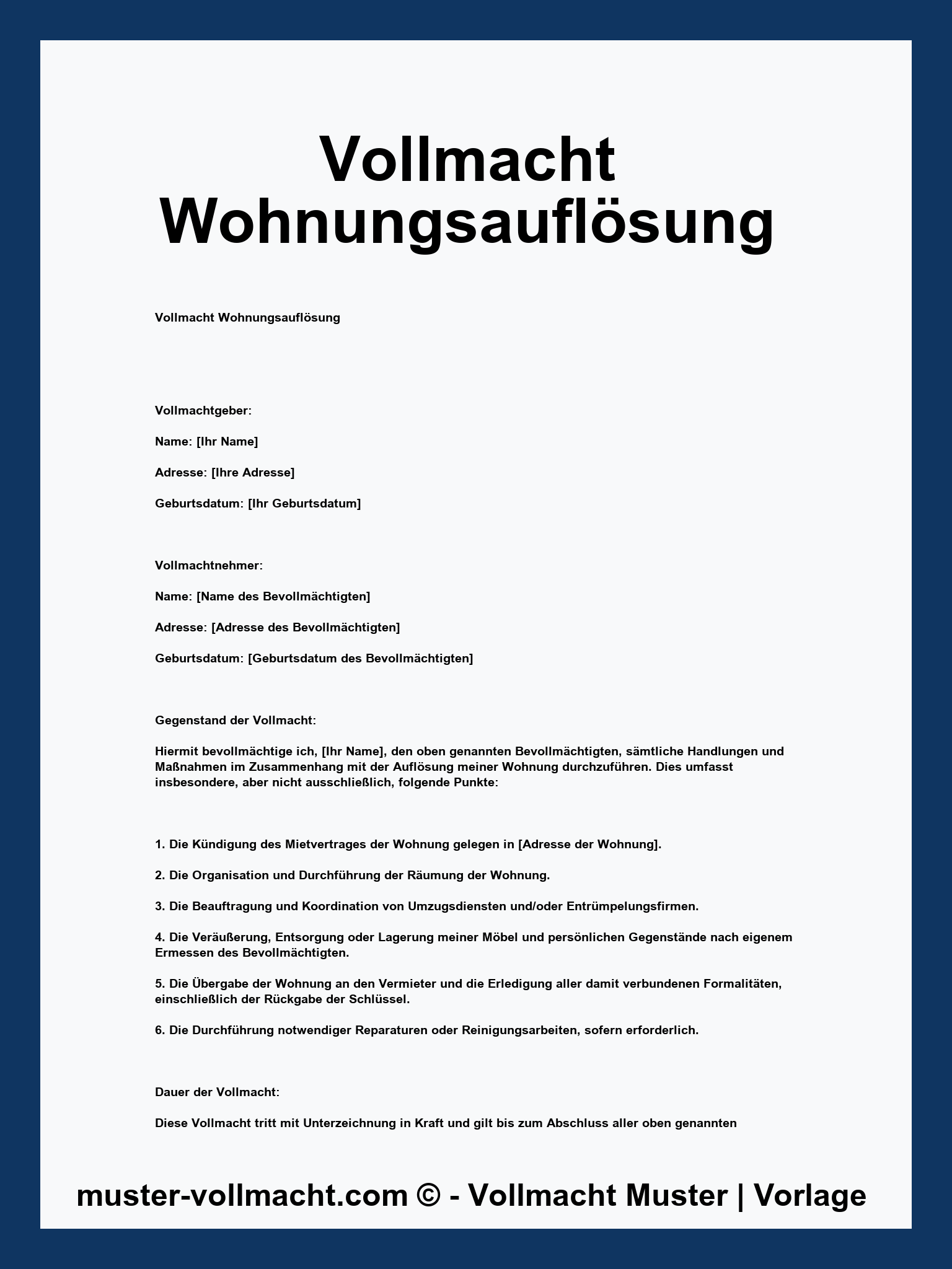 Vollmacht Wohnungsauflösung Muster - PDF - Word