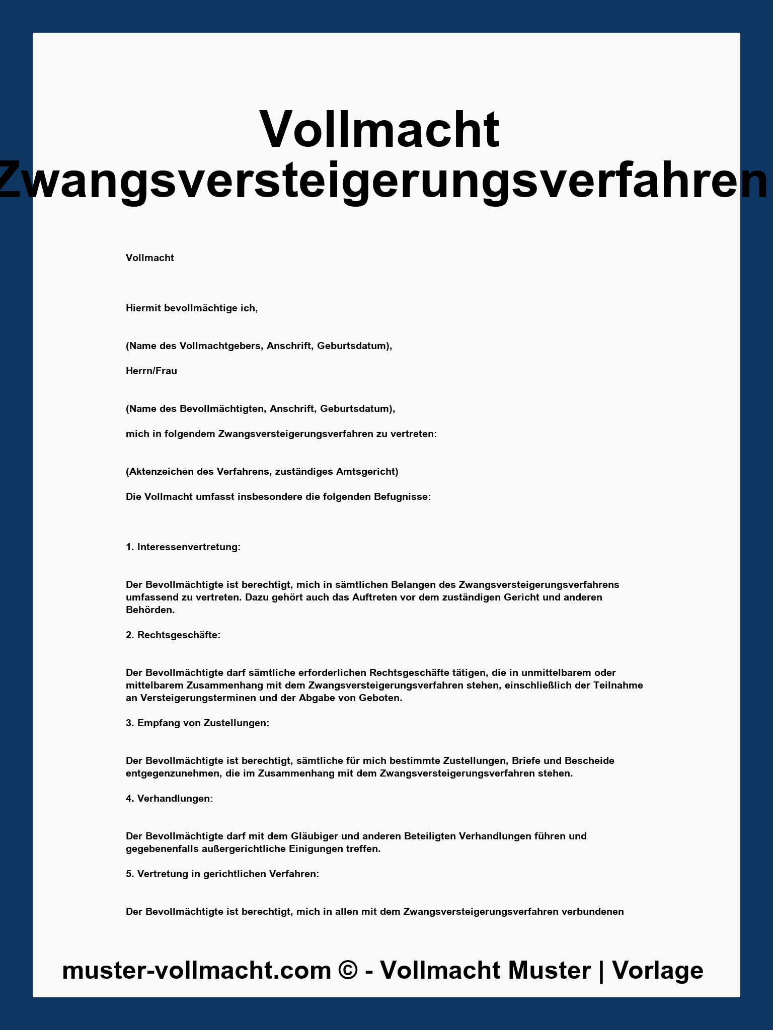 Vollmacht Zwangsversteigerungsverfahren Muster - PDF - Word